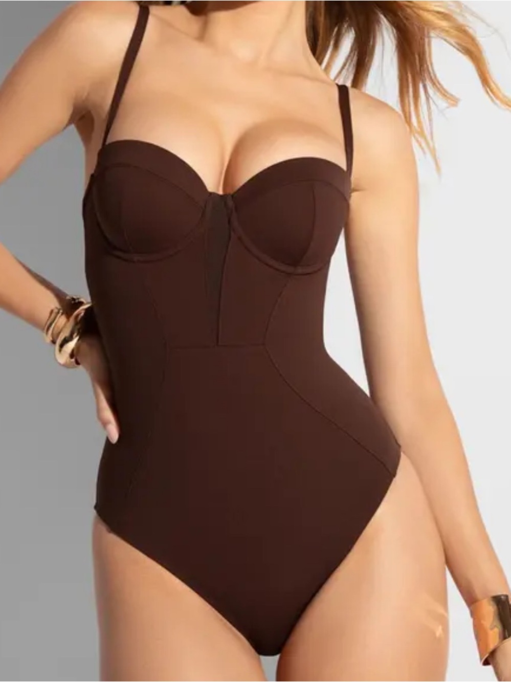 TA3 Brown Bombshell Sculpting Push Up One Piece Swimsuit Womens L Lace Up Back